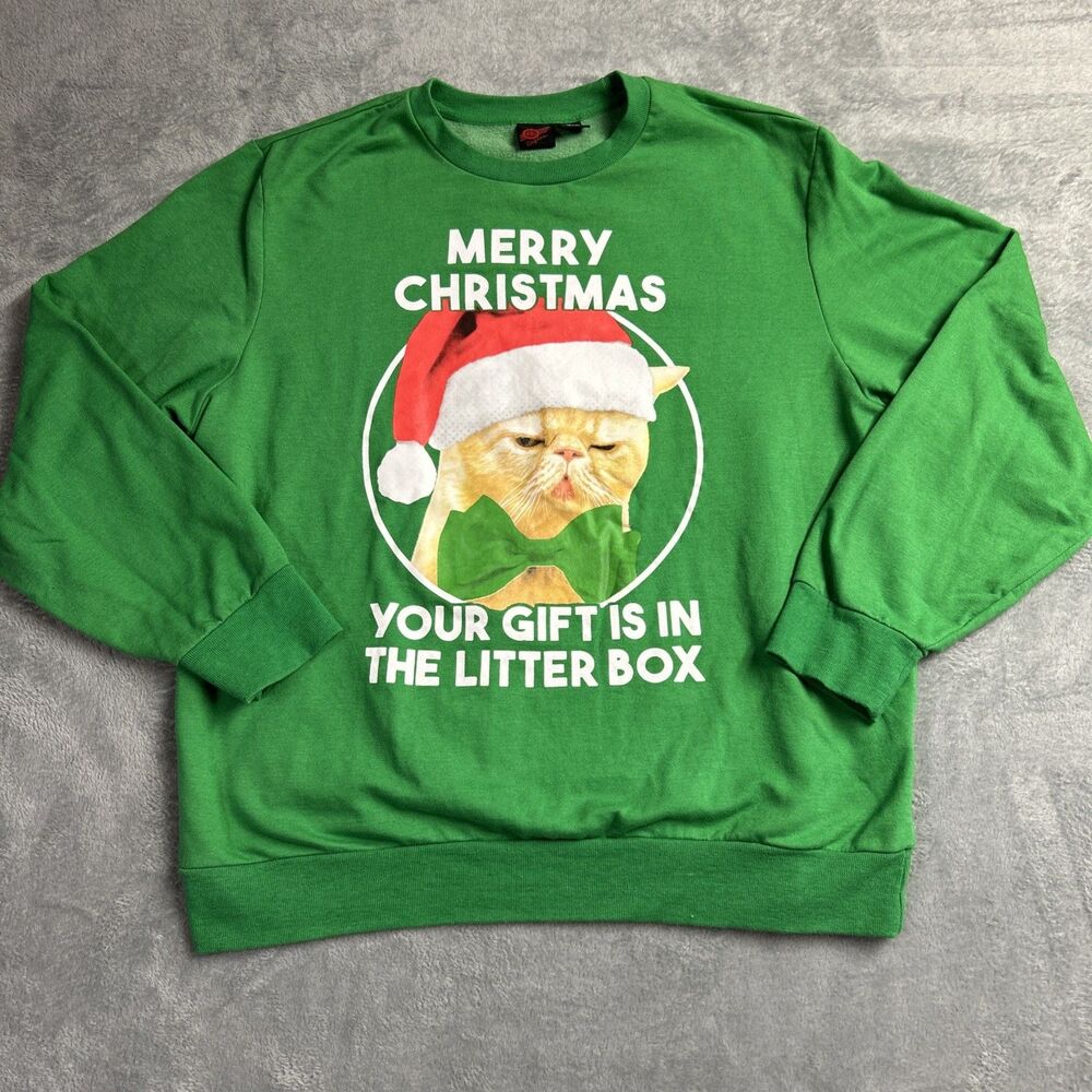 Mad Engine Mens Ugly Christmas Cat Sweatshirt Sz. XXL 50/52 Green Holiday